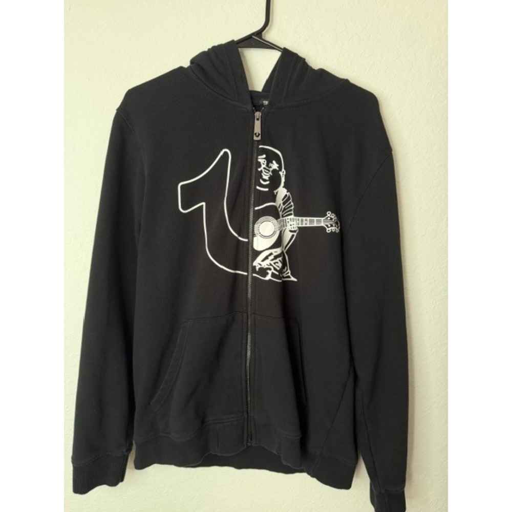 True Religion Mens Buddha Logo Full Zip Hoodie Black Large Sweatshirt